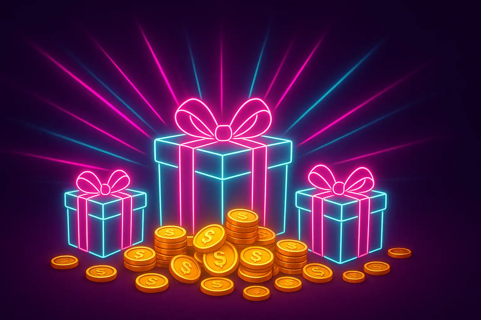 Glowing bonus coins and a gift box in a neon casino setting