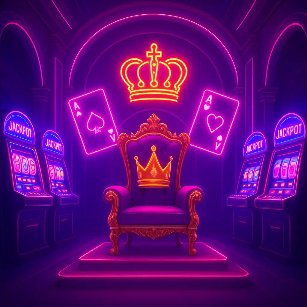 Royal neon casino throne room with slot machines and playing cards