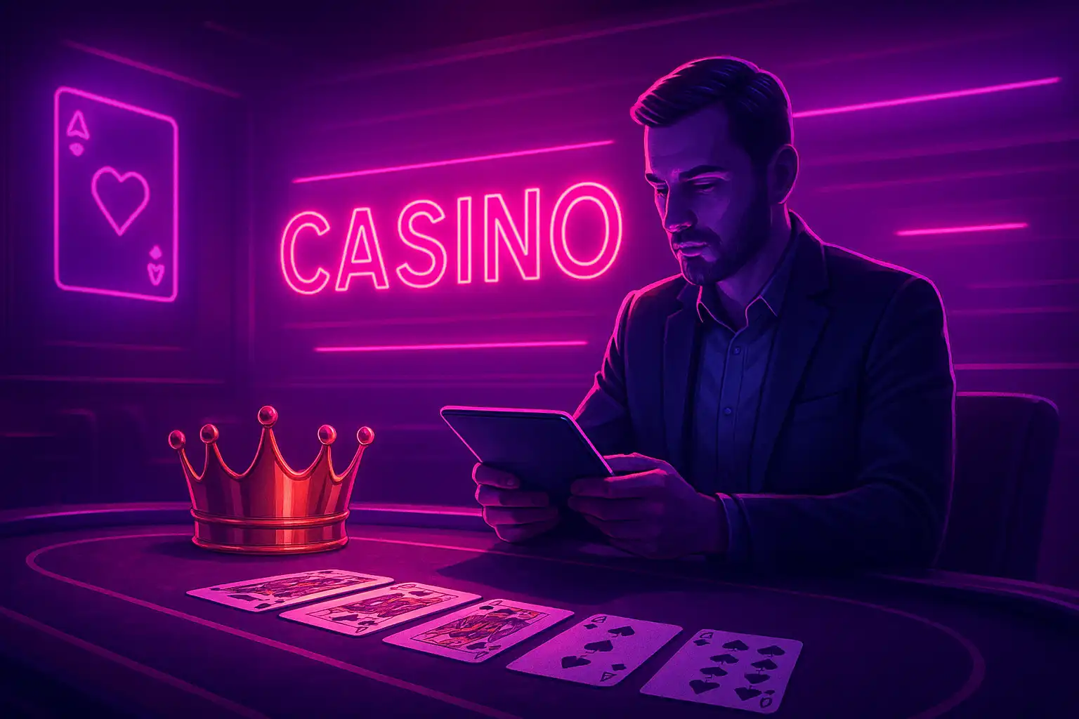 Reviewer sat at a neon-lit casino desk with a crown and playing cards