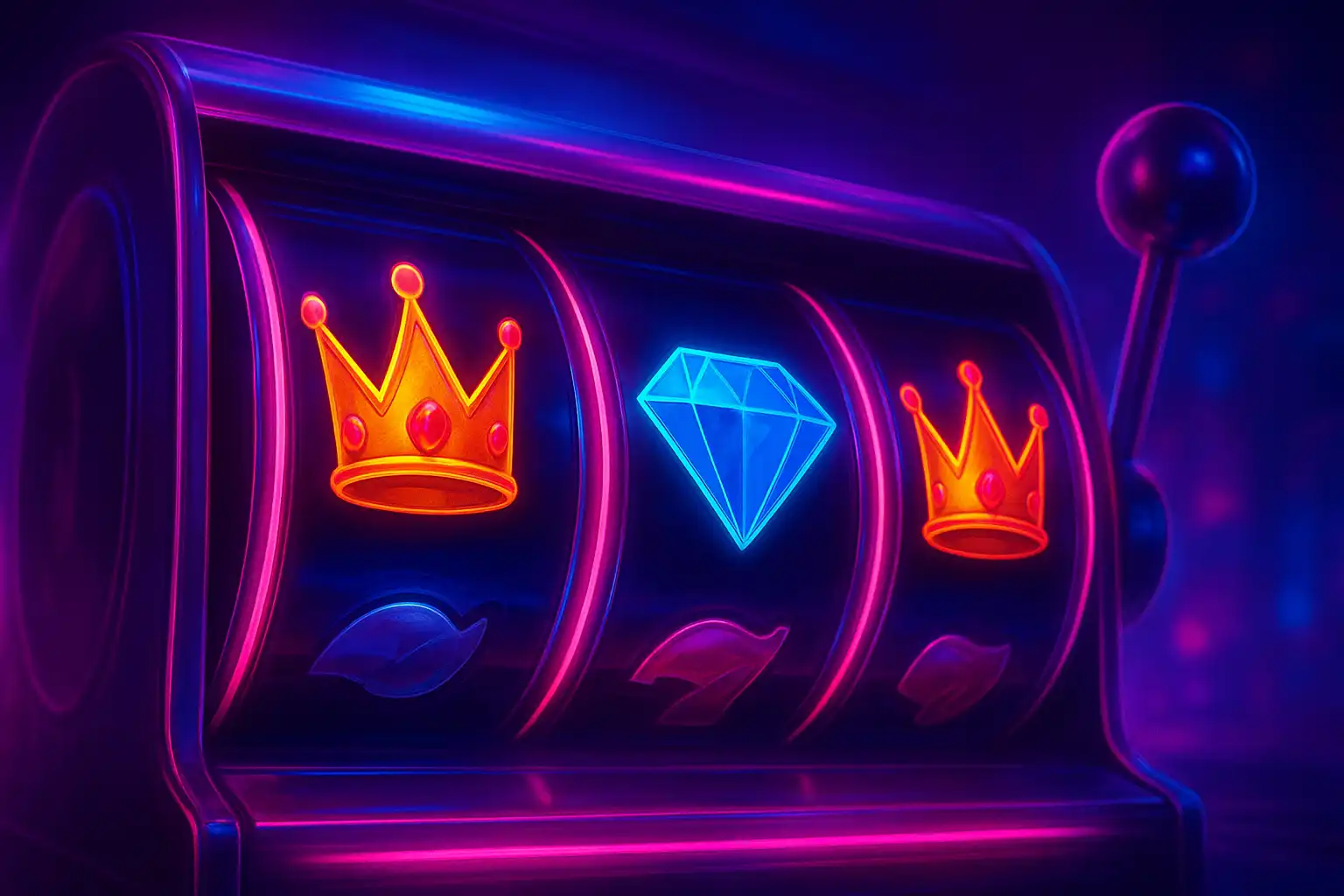 Neon slot machine reels spinning with gold crown symbols