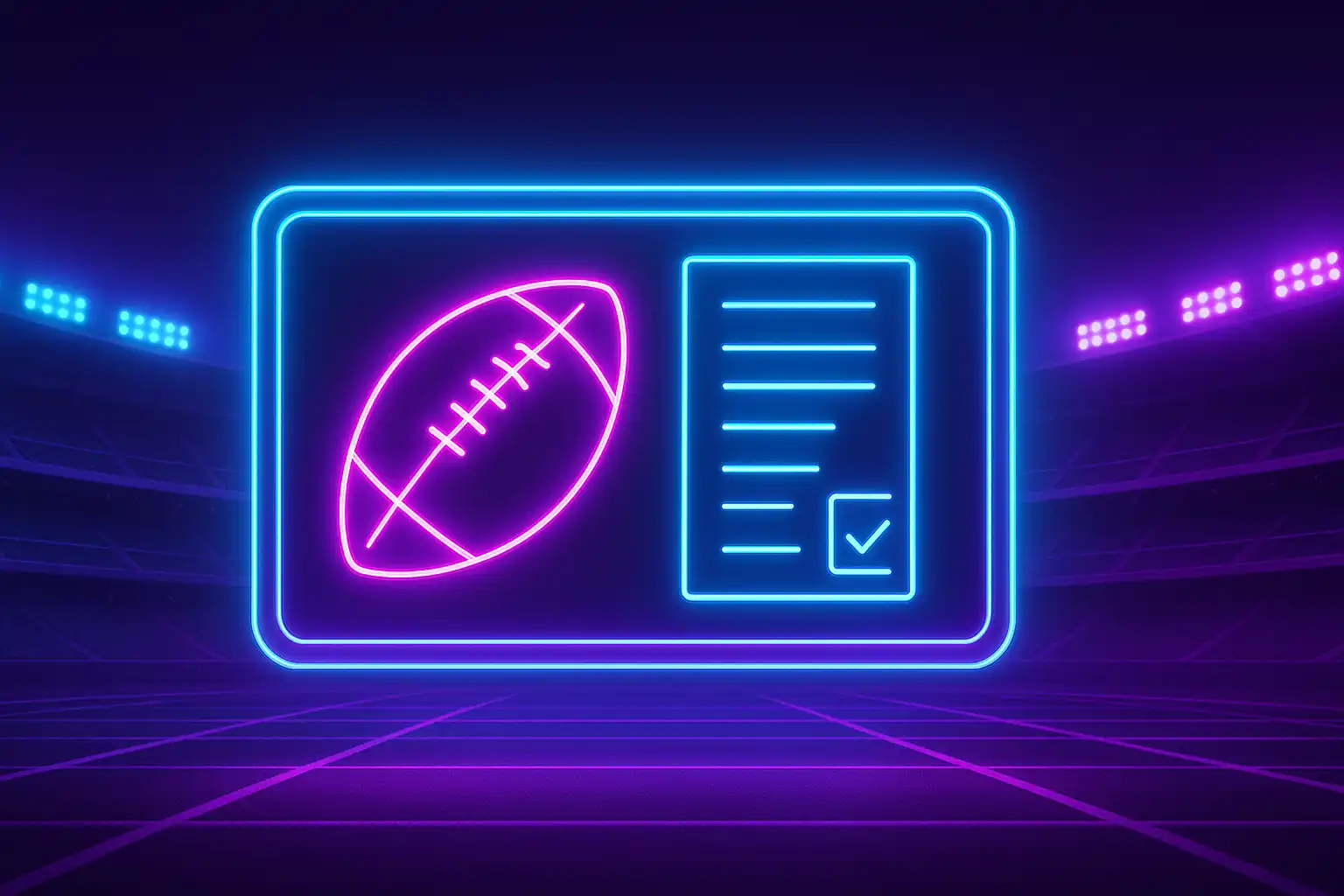 Neon stadium scoreboard and football betting slip graphic