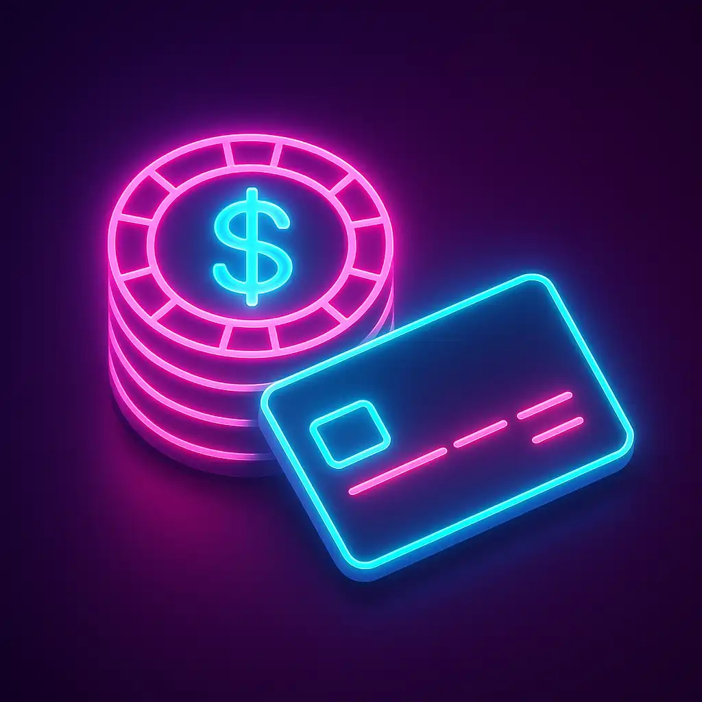 Neon casino chips and card representing a casino deposit